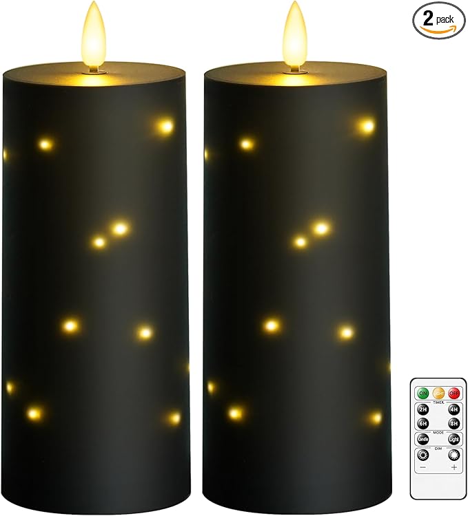 kakoya 10" x 4" Large Outdoor Waterproof Flickering Flameless Candles with Timer,2Pcs Battery Operated LED Pillar Candles with Embedded Star String for Outdoor Lanterns,Porch,Patio Decor(Black)