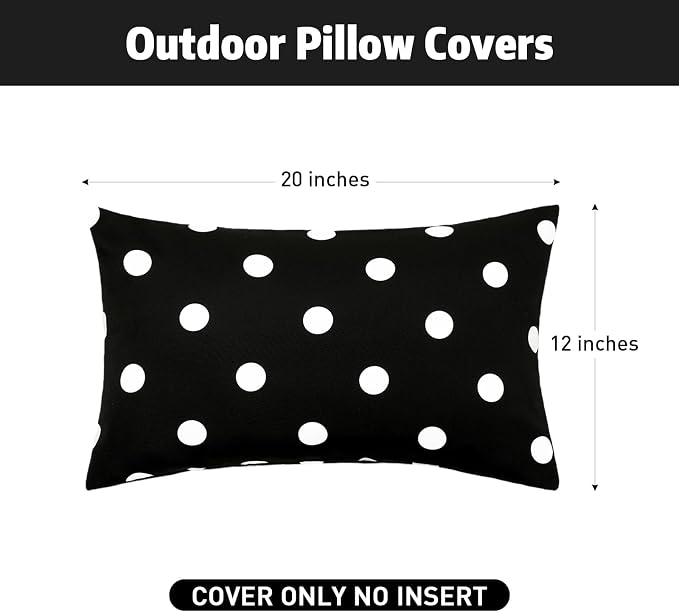 SquarePie Pack of 2 Outdoor Lumbar Pillow Covers Waterproof Decorative Throw Pillowcase Patio Cushion Covers Cases for Spring Garden Couch Balcony Bench Sofa,12x20 inch Black Polka Dot