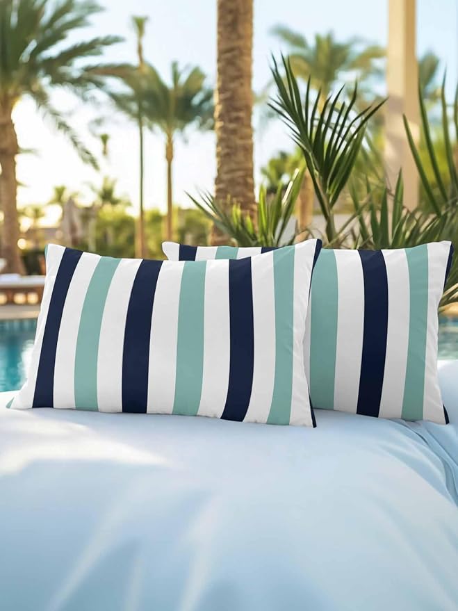 Outdoor Pillows Waterproof, Turquoise Navy Blue Striped Bedding Throw Pillows with Insert for Couch Sofa Bed, Farmhouse Stripe Art 12x20 Inch Pillowcases Camping Patio Pillow Set of 2