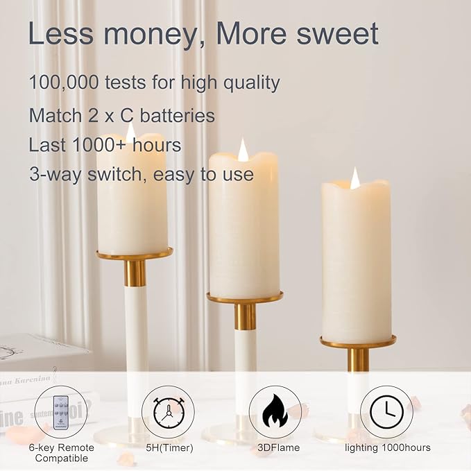 TECHLONG Flameless Candles with Remote Timer, 3D Moving Flickering Flame Battery Operated Candles Lasting 1000+ Hours, 3" x 7" Ivory Real Wax Electric LED Pillar Candles, Set of 2