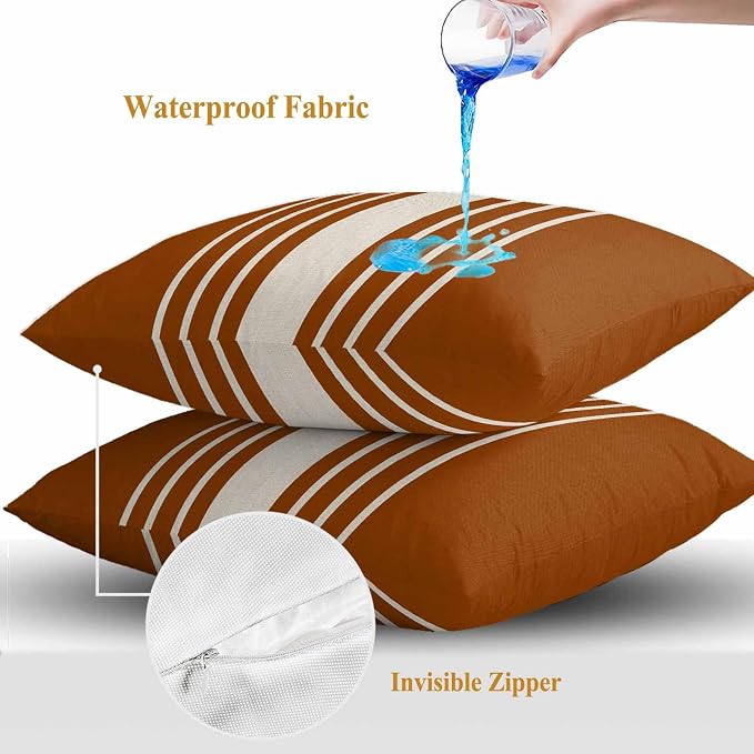 Throw Pillow Covers 24x24 Inch Set of 2, Burnt Orange Beige Striped Waterproof Outdoor Cushion Covers, Modern Farmhouse Retro Lines Decorative Pillowcases for Couch, Sofa, Bed, Garden, Patio