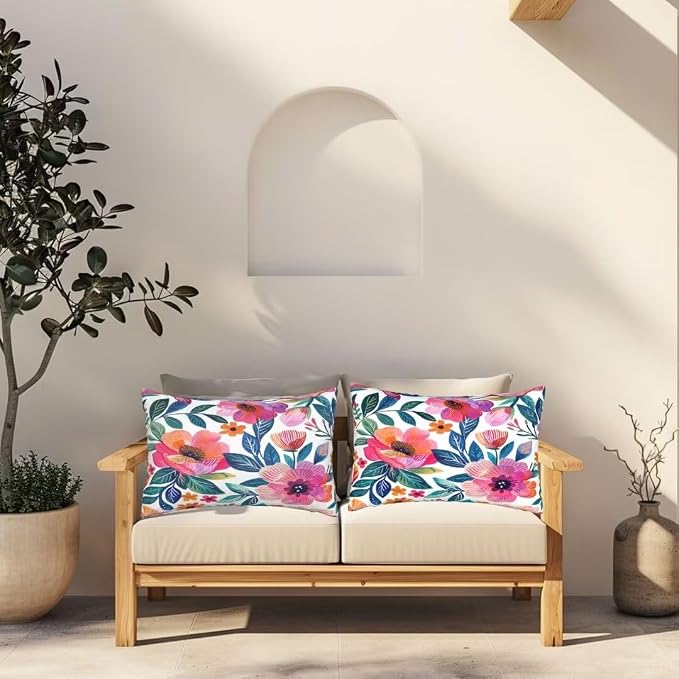 Outdoor Pillows Waterproof Set of 2 Outdoor Pillow Covers 16x24 Inch, Pink Throw Pillows Flower Pillow Covers, Summer Garden Decorative Pillows Outdoor Pillows for Patio Furniture Car Home Decor-hs250