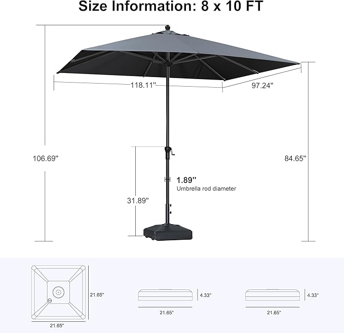 PURPLE LEAF 10' x 8' Rectangle Patio Market Umbrella with Base Outdoor Table Umbrellas Aluminum Frame Sun Shade with 8 Sturdy Ribs for Garden Deck Lawn Pool Gray