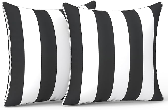 LVTXIII Outdoor Throw Pillows 20x20 Patio Waterproof Square Pillows with Piping Fade Resistant Accent Pillow for Spring Summer Garden Decoration, Set of 2, Cabana Black