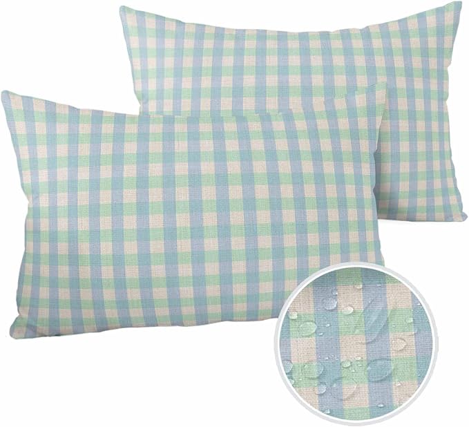 Outdoor Waterproof Throw Pillow Covers Set of 2 Buffalo Plaid Lumbar Pillowcases 20x12 Inches Blue Linen Classic Checked Patio Decorative Pillows Cushion Case Patio Pillows for Couch Bed Chair Garden