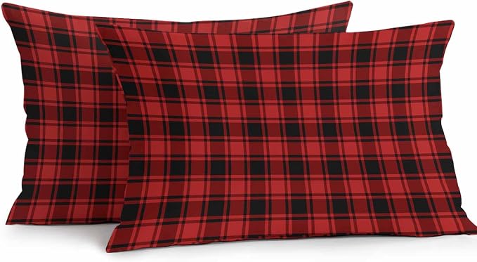 Red Black Plaid Waterproof Outdoor Pillow Covers Set of 2 Home Decor Vintage Farmhouse Abstract Buffalo Check Pillowcase Patio Pillow Covers for Couch Bench Furniture Garden 20x12in