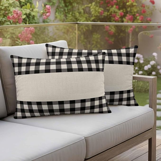 Retro Black Outdoor Waterproof Pillow Covers, Farmhouse Buffalo Plaid Vintage Beige Decorative Rectangle Throw Pillowcase Sofa Cushion Sham for Patio/Couch/Chair, 20"x12" 2 Pack