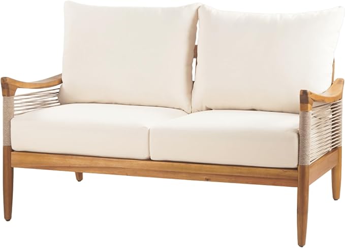 Christopher Knight Home Havets 2 Piece Patio Conversation Sets, Outdoor Acacia Wood Patio Seating Group,Woven Rope Loveseat with Cushions and Coffee Table for Porch Garden Backyard Balcony, Teak+Beige