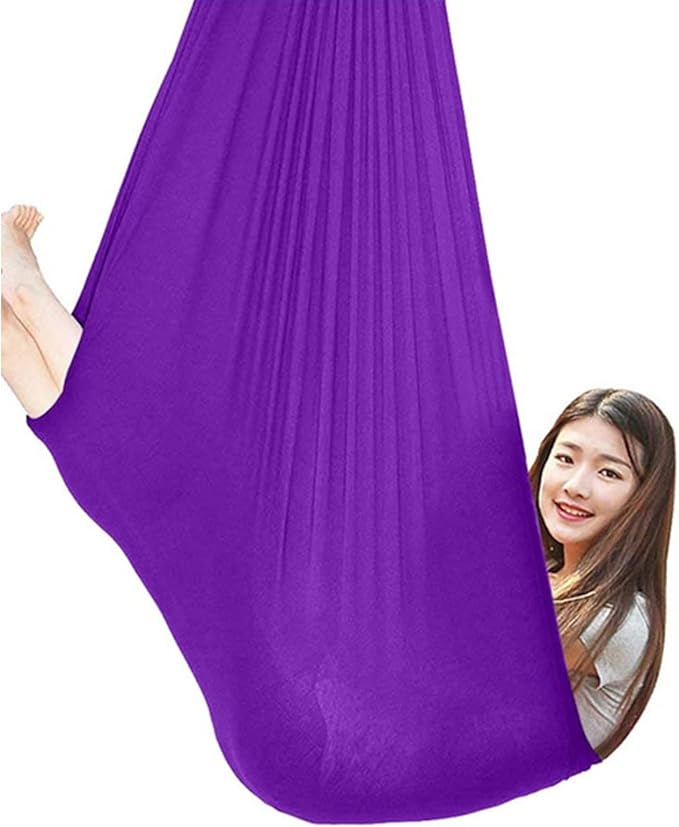 360° Rotating Elastic Aerial Yoga Hammock Outdoor Indoor Swings Aerial Yoga Sensory Therapy Cuddle Swing Soft Elastic Parcel Steady Seat Swing (Color : Purple, Size : 150x280cm)