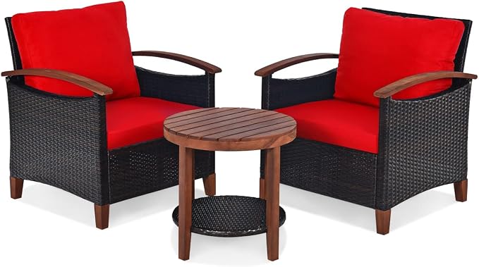 HAPPYGRILL 3 Pieces Patio Conversation Set Outdoor Rattan Wicker Sofa Set with Cushion and Acacia Wood Frame Table and Chairs Set for Garden Poolside Balcony