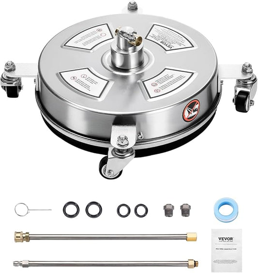 VEVOR 14 Inch Pressure Washer Surface Cleaner, 4000 PSI Stainless Steel Attachment with 4 Wheels, 2 Nozzles, 1/4 Inch Quick Connect and 2 Wands for Concrete, Patio, Deck