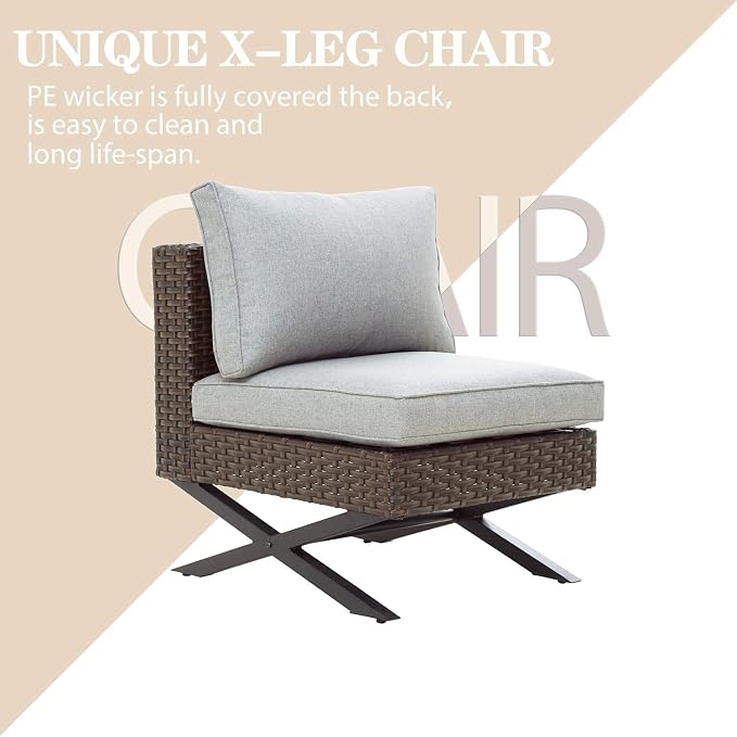 LOKATSE HOME Patio Sofa Rattan Armless Chair X Shape Leg Metal Frame Outdoor Wicker Furniture with Cushions for Garden Backyard Pool, Brown