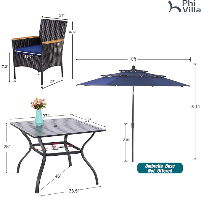 PHI VILLA 5pc Patio Dining Set with Umbrella, Square Table, Rattan Chairs | 37" Metal Table, Cushioned PE Rattan chairs, 10ft Navy Blue 3 Tier Auto-tilt Umbrella (Base Not Included)