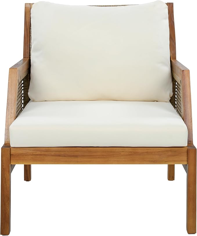 Christopher Knight Home Zura 4 Piece Patio Furniture Set with Removable Cushion, Outdoor Acacia Wood Conversation Set with Ottoman, Outdoor Sectional Sofa Set with Coffee Table, Teak+Cream