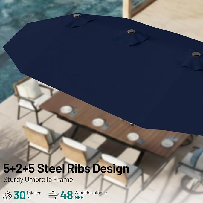 AreShark 15FT Outdoor Patio Umbrella with Crank, Large Rectangular Market Umbrella, Double-Sided Outdoor Umbrellas with Cross Base & Sandbag for Porch, Lawn, Pool, Backyard, Navy