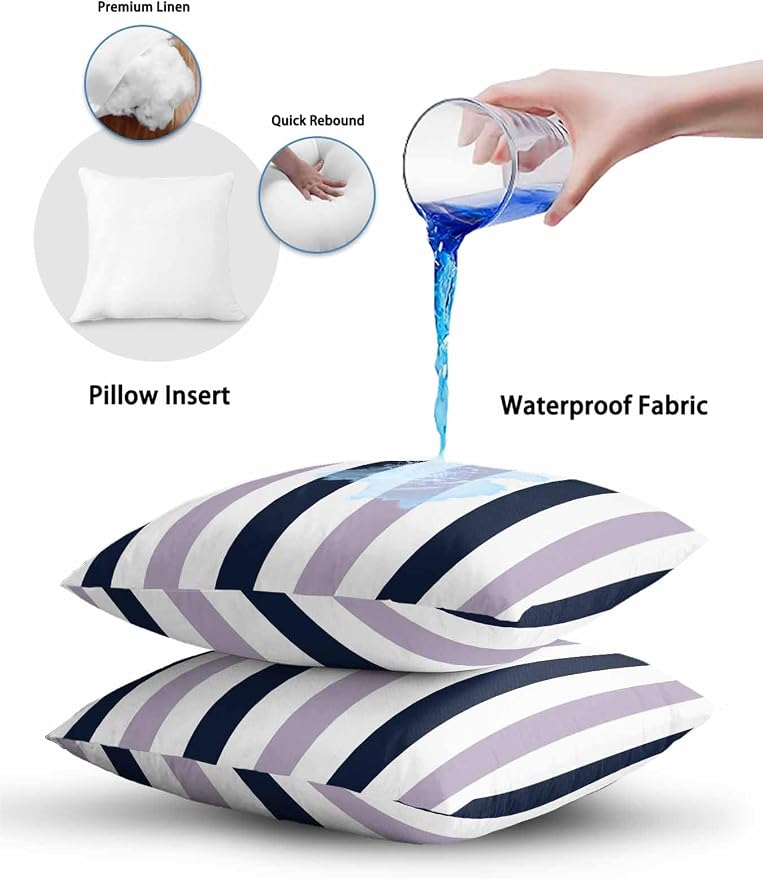 Outdoor Pillows Waterproof, Purple Navy Blue Striped Bedding Throw Pillows with Insert for Couch Sofa Bed, Farmhouse Stripe Art 16x16 Inch Pillowcases Decorative Camping Patio Pillow Set of 2