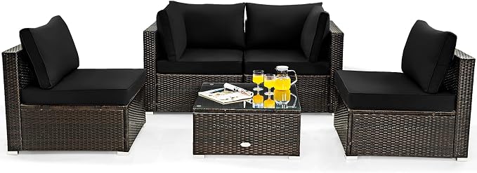 Tangkula 5 Pieces Patio Furniture Set, All Weather Wicker L-Shaped Corner Sofa Set w/Soft Cushions, Outdoor Sectional Conversation Couch Set w/Glass Table for Backyard Garden Poolside (Black)