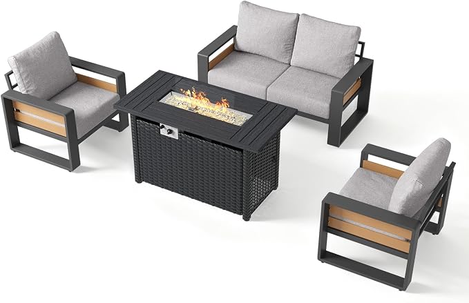 Aoxun Aluminum Patio Furniture Set with Fire Pit Table, 4 Piece Luxury Outdoor Sectional with 6" Olefin Fabric Cushions, Patio Conversation Sets with Waterproof Cover for Backyard, Porch Light Grey