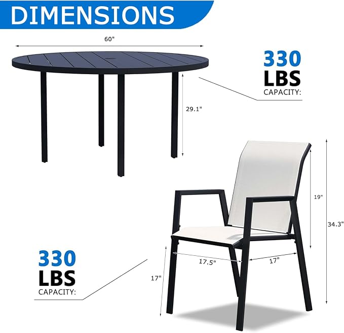9-Piece Outdoor Dining Set for 8 – 60" Black Round Outdoor Table with Umbrella Hole & 8 White Outdoor Stackable Dining Chairs, All-Weather Patio Furniture