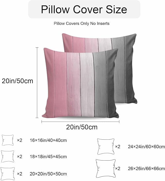 Throw Pillow Covers 16x16 Inch Set of 2, Pink Gray Ombre Waterproof Outdoor Cushion Covers, Vintage Country Wooden Decorative Pillowcases for Couch, Sofa, Bed, Garden, Patio