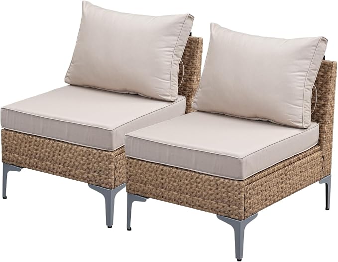 Jing's Villa 2-Piece Outdoor Wicker Armless Sofa, Patio Rattan Sectional Sofa Set with Thick Seat Cushions and 2 Back Cushions for Garden, Backyard, Poolside Beige