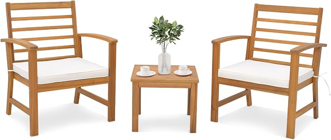 Tangkula 3 Pieces Outdoor Furniture Set, Acacia Wood Conversation Set with Soft Seat Cushions, Stable Acacia Wood Frame, Patio Sofa & Coffee Table Set for Backyard, Porch, Poolside (White)