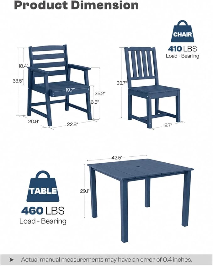 HDPE Outdoor Dining Set for 4 with 10FT Umbrella, Navy | All-Weather HDPE, Wood Grain Finish, 42.5" Square Table, Built-In Umbrella Hole, Seats 4, Patio & Poolside Ready