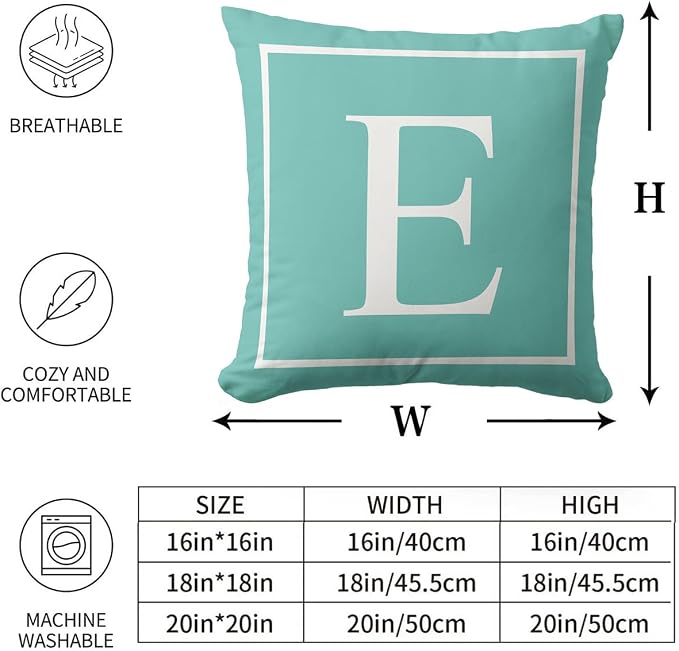 Monogram Initial Lake Blue Outdoor Pillow Covers 20 x 20inches Decorative Pillow Case for Sofa Couch Bed (Pillow Insert Not Include)