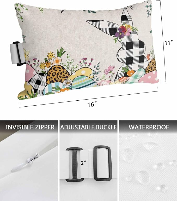 Chaise Lounge Head Resting Pillows,Bunny Easter Eggs Spring Flowers Plaid Rabbit Linen Outdoor Chaise Pillows,Waterproof Patio Furniture Pillows with Insert and Elastic Strap for Beach Chair