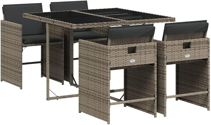 5-Piece Gray Patio Dining Set with Cushions, PE Rattan Outdoor Furniture Set, Compact Foldable Chairs, Tempered Glass Table for Backyard, Balcony, Porch