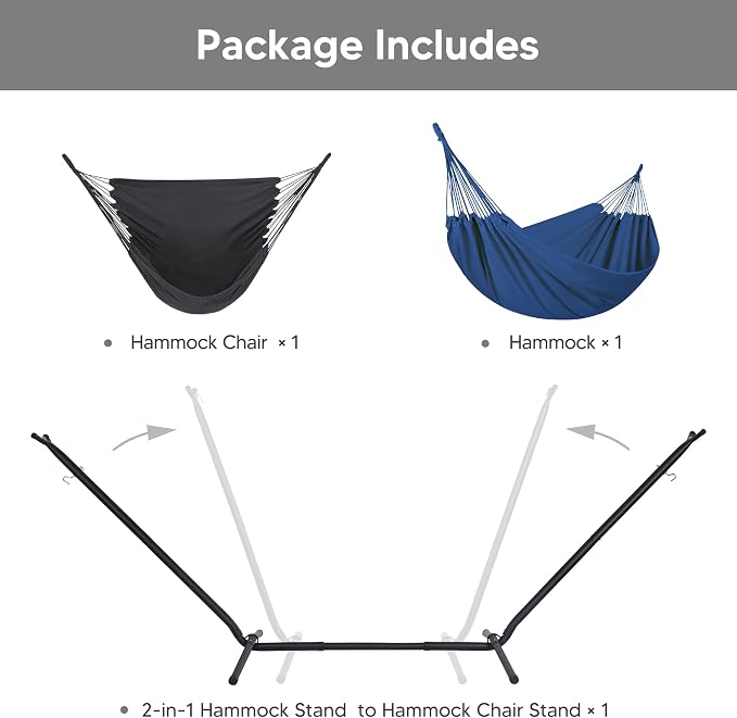 SUNCREAT 2-in-1 Convertible Backyard Fabric Hammock with Stand, Large Hammocks for Outside, Dark Blue