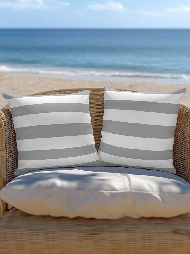 Waterproof Outdoor Pillow Set of 2 Grey White Stripe Decorative Throw Pillows Cover & Insert 16x16 Inch Pillowcase Simple Style Striped Square Pillows for Couch Sofa Bed Patio Furniture Indoor Outdoor