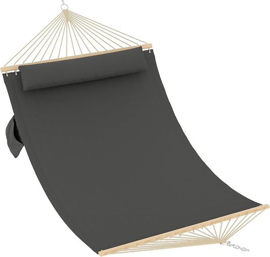 Double Quilted Hammock for 2 Adults – 350cm Large Outdoor Garden Swing Bed with Hardwood Spreader Bars, Detachable Pillow, 450lbs Capacity, Weather-Resistant, Ideal for Patio, Backyard
