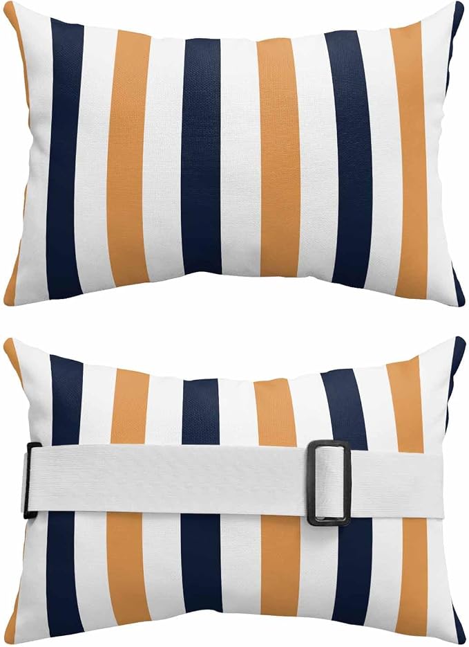 Pack of 2 Outdoor Lumbar Pillow Covers 11x16 Inch, Burnt Orange Navy Blue Striped Waterproof Throw Pillow Covers Set, Farmhouse Stripe Art Indoor&Outdoor Decorative Cushion Cases for Patio Porch Beach