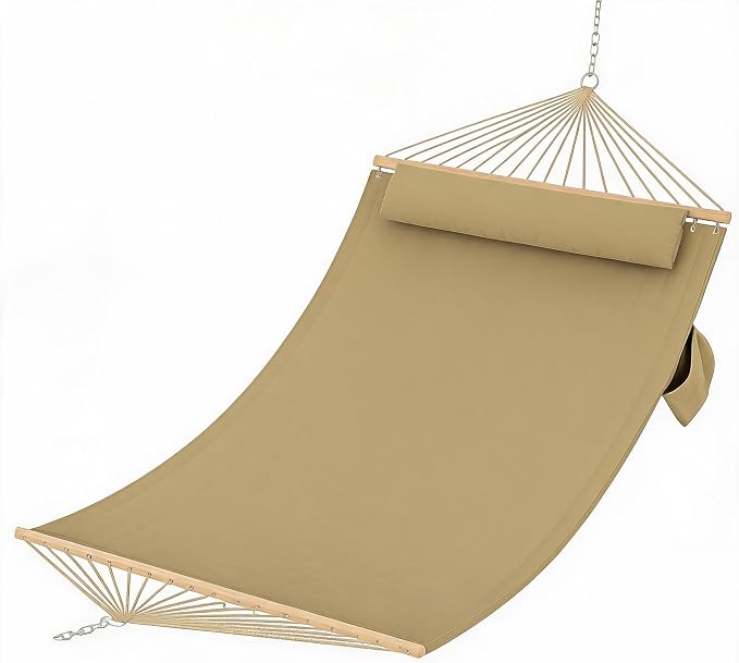 PrecisionAuto Double Quilted Fabric Hammock with Spreader Bar & Detachable Pillow, 12FT Two Person Outdoor Swing Bed Supports 450LBS for Patio Backyard Poolside Relaxation