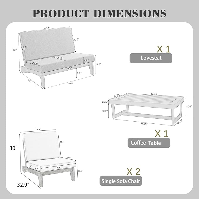 All Weather Patio Furniture Sets, 4 Pieces Black Wood Outdoor Sectional Futniture Patio Sofa Chair Backyard Conversation Set with Solid Wooden Coffee Table - Dark Gray