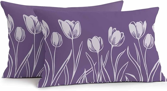 Purple Flower Waterproof Outdoor Pillow Covers Set of 2 Home Decor, Country Garden Floral Aesthetics Plant Pillowcase Patio Pillow Covers for Couch Bench Furniture Garden 20x12in