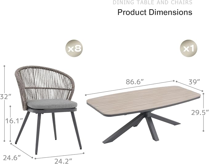 SUNSITT 9 Piece Outdoor Patio Dining Set, Patio Dining Furniture Set with 87” Aluminum Dining Table w/X Base Legs and 8 Woven Wicker Outdoor Patio Chairs w/Removable Cushions for Garden, Dark Grey
