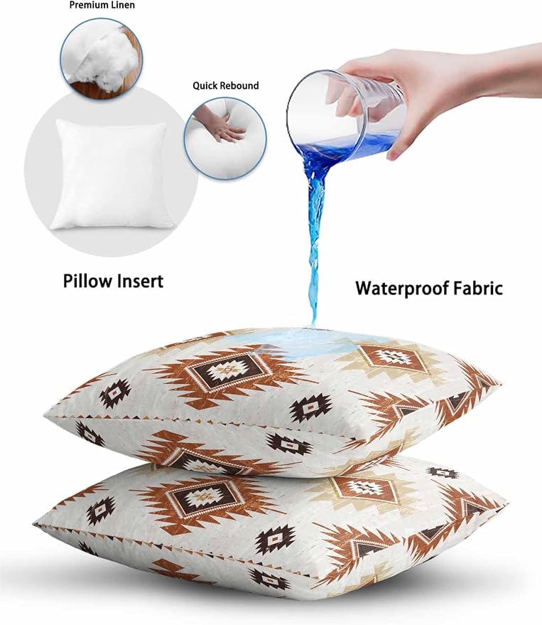 Waterproof Outdoor Pillow 1 Pack Orange Boho Aztec Decorative Throw Pillows Cover & Insert 16x16 Inch Pillowcase Southwest Tribal Style Square Pillows for Couch Sofa Bed Patio Furniture Indoor Outdoor