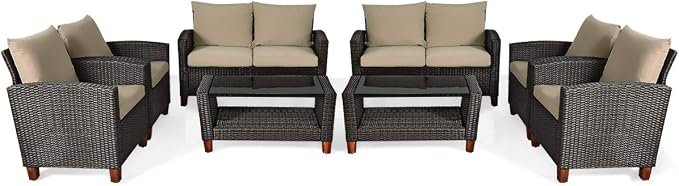 Tangkula 8 Pieces Patio Rattan Furniture Set, Outdoor Wicker Conversation Set with Seat & Back Cushion,and Tempered Glass Coffee Table with Shelf, for Porch, Poolside, Backyard, Garden