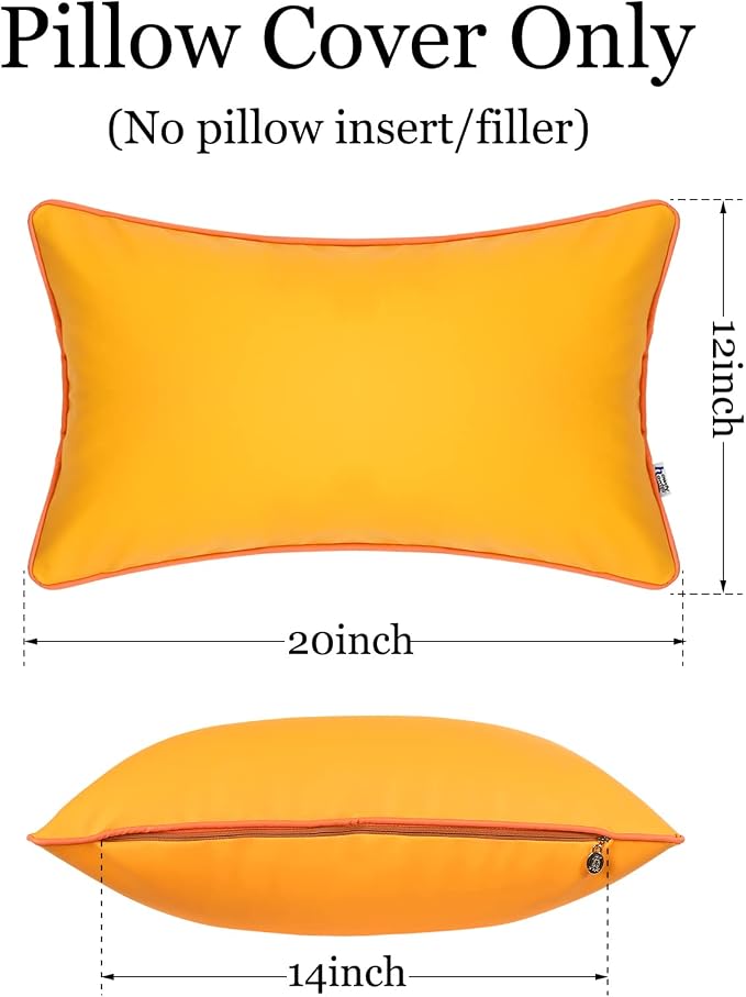 Summer Outdoor Set of 2 Silicone Waterproof Lumbar Pillow Covers 12x20 Inch Fadeproof Durable Rectangle Pillowcase Decorative for Garden Patio Tent Sunbrella Balcony Bench Sofa, Yellow