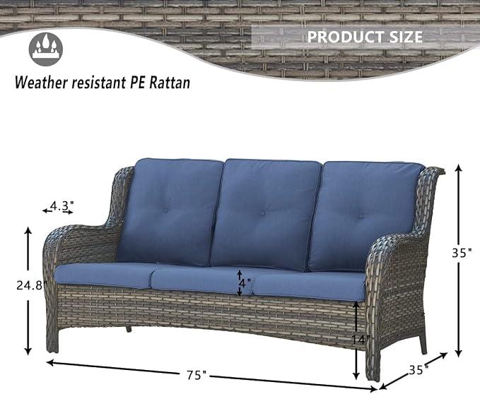 HUMMUH Patio Furniture 6 Pieces Outdoor Furniture Set Wicker Outdoor Sectional Sofa with Swivel Rocking Chairs,Patio Ottomans,Patio Coffee Table, Grey/Blue