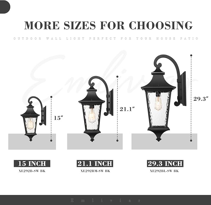 Emliviar 29.3" Exterior Waterproof Wall Sconce Light Fixture, Porch Wall Mounted Lighting with Water Ripple Glass Shade, Black Finish, XE292BL-SW BK