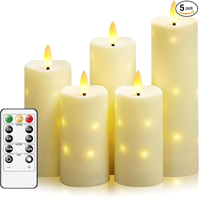 kakoya Outdoor Waterproof Flickering Flameless Candles with Timer,5Pcs Battery Operated LED Pillar Candles with Embedded Star String for Outdoor Lanterns,Porch,Patio Decor(Ivory)