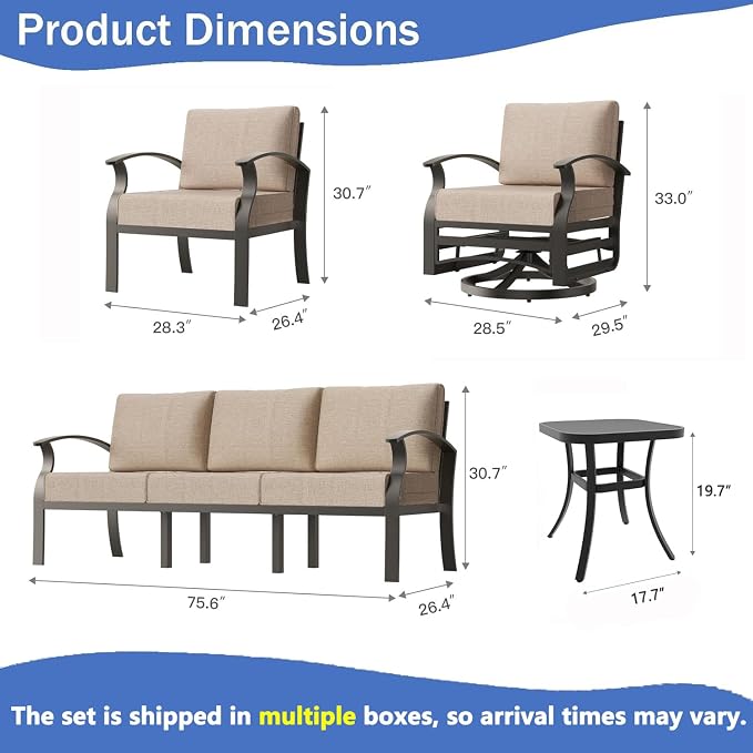 Aluminum Outdoor Patio Furniture Set,7 Seats Patio Conversation Sets with Rectangular Coffee Table,Metal Patio Sectional Furniture Set with 2 Swivel Rocking Chairs,Sand