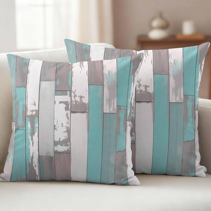 Turquoise Gray Outdoor Pillow Covers 16x16 Inch Throw Pillow Covers Set of 2 Waterproof Decorative Pillow Cases Country Retro Mottled Texture Wood Grain Cushion Covers for Patio Furniture Garden Couch