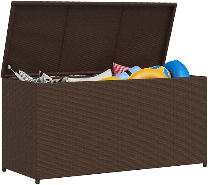 Outdoor Storage Box, Rectangular Deck Box for Patio Furniture, 47.2 Inch Garden Storage Chest with Gas Lift Lid, Wicker Rattan Container for Cushions and Blankets, Brown