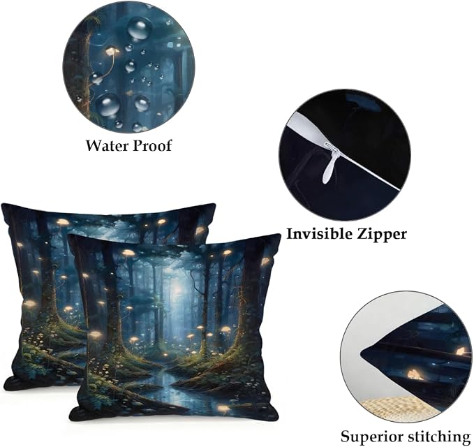 16x16 Inch Outdoor Pillow Covers Set of 2 Waterproof Throw Pillow Covers Decorative Couch Cushion Covers Art Forest River Square Pillowcases Protectors for Patio Garden Sofa