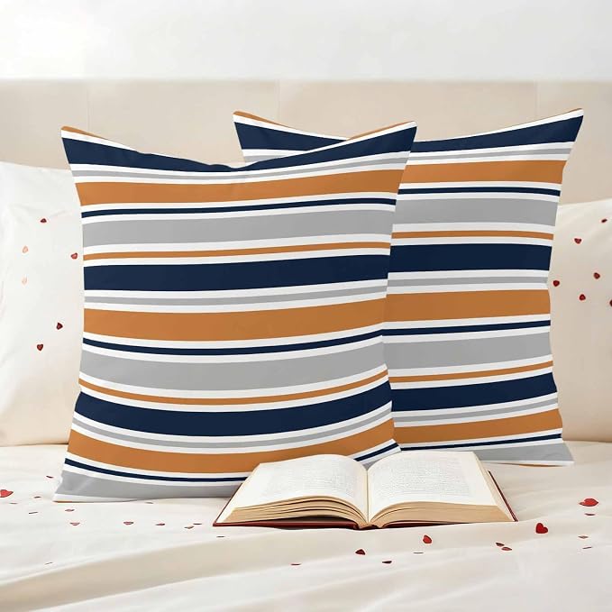 Orange Grey Striped Outdoor Pillow Cover 16x16 Inch Cushion Sham Case, Farmhouse Stripes Modern Abstract Art Waterproof Decorative Square Throw Pillowcase for Outside Garden Patio Porch Couch Chair