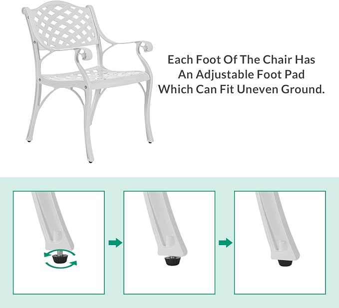 VIVIJASON 3-Piece Patio Furniture Dining Set, All-Weather Cast Aluminum Outdoor Bistro Set, Include 2 Dining Chairs and 35.4" Round Table w/ 2" Umbrella Hole for Balcony, Lawn, Garden, Backyard, White